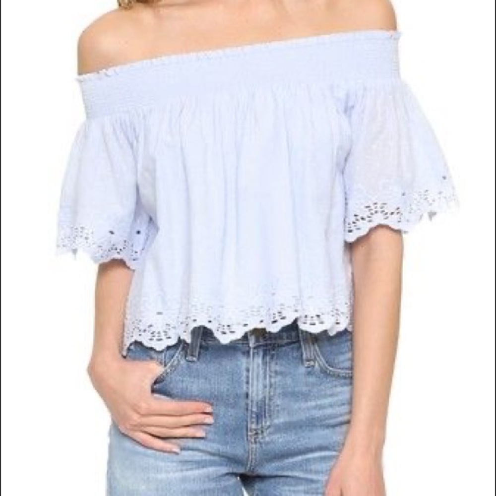 Tularosa blue eyelet off the shoulder crop top